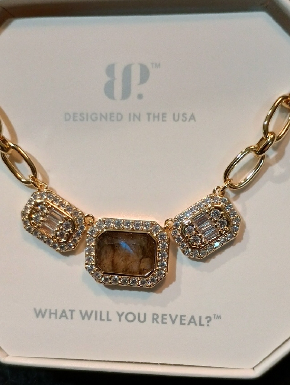 bp Gold-Tone Necklace with Brown Center Stone & Crystal Accents
